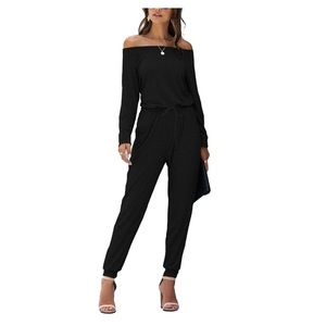 PRETTYGARDEN Womens Casual Long Sleeve black Jumpsuit Crewneck Off Shoulder.NWT